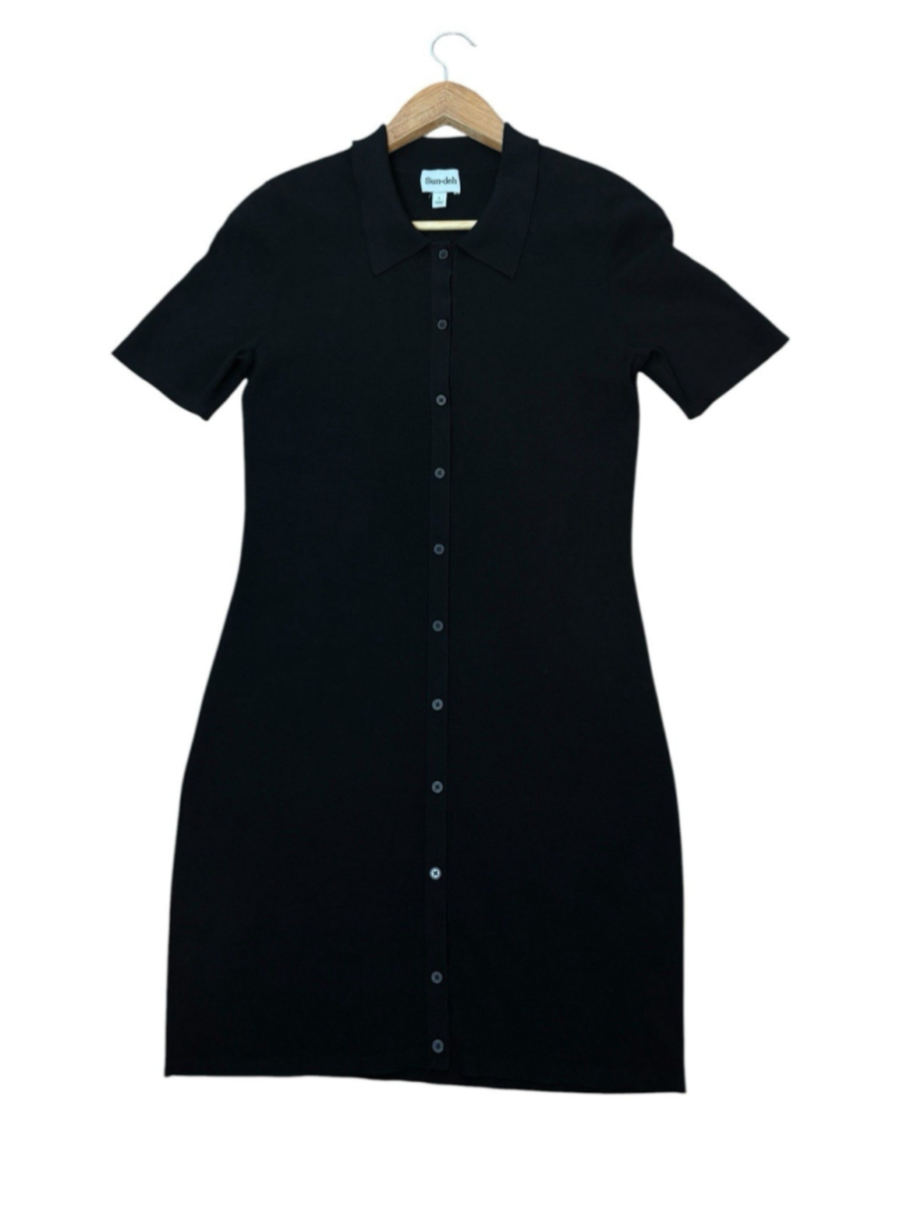 Aritzia Polo Mini Dress Button Front Black Knit Short Sleeve Size Large - Picture 5 of 12